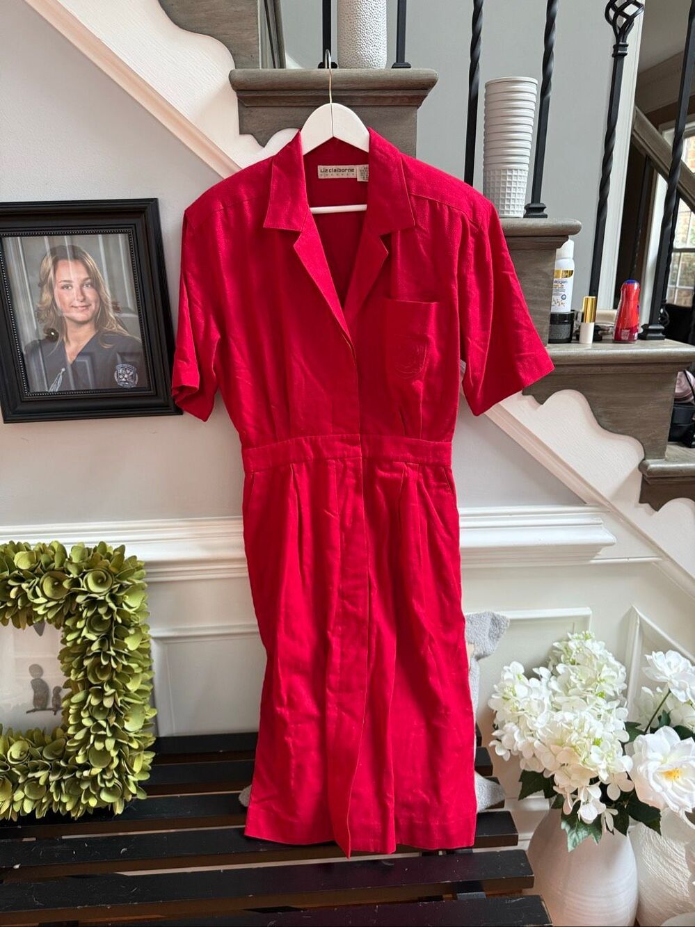 Vintage Liz Claiborne Red Silk Crepe Crest Shirt Dress sz 10 EUC